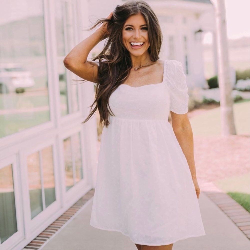 Short Sleeve, Square Neck, White Eyelet Dress